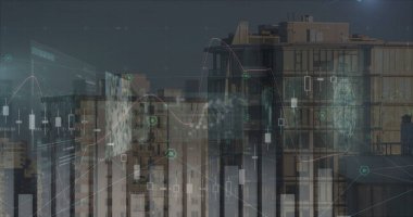 Şehir manzarası üzerinde finansal veri işleme resmi. Küresel iş, finans ve dijital arayüz kavramı dijital olarak oluşturulmuş görüntü.