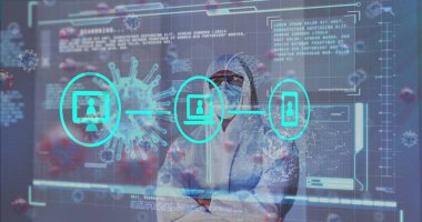 İkonların, kovid 19 hücrenin ve beyaz takım elbiseli beyaz erkek sıhhiyenin görüntüsü. küresel covid 19 salgın, sağlık hizmetleri ve veri işleme kavramı dijital olarak oluşturulmuş görüntü.