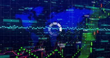 Dünya haritası üzerinde finansal veri işleme resmi. küresel finansman, teknoloji ve dijital arayüz kavramı dijital olarak oluşturulmuş görüntü.