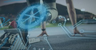 Engelli beyaz sporcunun veri işleme görüntüsü. küresel spor ve dijital arayüz kavramı dijital olarak oluşturulmuş görüntü.