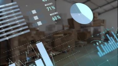 Holografik analiz UI, dünya haritası, pasta grafikleri ve 3 boyutlu şamdan çizelgesi olan depo verilerini gösteriyor. Teknoloji, veri görselleştirme, endüstriyel, geleceksel, dijital arayüz, lojistik, analitik