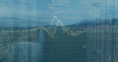 Çiftçilik arazisinde gösterilen çok renkli dalga formu grafiği ikili kod ve pembe şebeke ile örtüşüyor. Veri görselleştirme, dijital analiz, teknoloji, fütürizm, kesinlik, yenilik, soyut