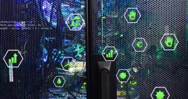 Sunucu rafı, yüzen yeşil altıgen simgeleri ve yayın kodu ölçüleriyle parlayan ön panel. Teknoloji, veri, siber güvenlik, analitik, altyapı, yenilik, devre