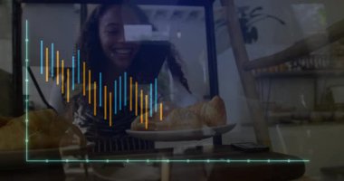 Kafedeki satış eğilimlerini analiz eden fırıncı, pasta kutusu verileri üzerinden bar ve hat grafiklerini gösteriyor. Analizler, veriler, görselleştirme, konukseverlik, modern, stil, iş