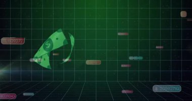 Üç boyutlu ızgara boşluğunda yüzen yeşil dolar parçaları renkli sayısal etiketler gösteriyor. Sanal ortam, veri görselleştirme, fütüristik, dijital sanat, finans, teknoloji, soyut