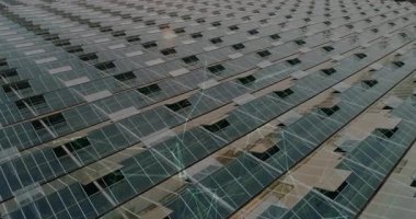 Güneş panelleri çerçevelenmiş satırlar arasında parlak gün ışığını ve düz dizaynlı ağ örtüsünü yansıtıyor. Yenilenebilir enerji, çevre dostu, teknoloji, sürdürülebilirlik, altyapı, gelecekçi, temiz güç