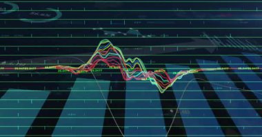 Izgara arayüzü boyunca ilerleyen çok renkli dalga formları dikey çubuklar ve yüzdelik grafikleri gösteriyor. Teknoloji, veri, yenilik, analitik, fütüristik, görselleştirme, arayüz