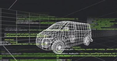 Şebeke çalışma alanında dönen kablo çerçeveli kargo minibüsü koyu arkaplan boyunca neon kod hatlarını örtüyor. Fütüristik, teknoloji, görselleştirme, 3D modelleme, dijital arayüz, mühendislik, yenilik