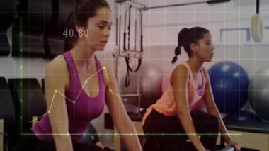 Kadınlar fitness stüdyosunda canlı grafiklerle ve animasyonlarla pilates reformasyon egzersizleri yapıyorlar. Spor, sağlık, egzersiz, hareket, sağlık, spor salonu, eğitim