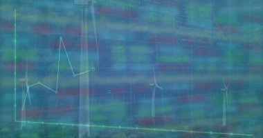 Ağ boyunca hareket eden dalgalı çizgi grafiği düz dizaynda şeffaf rüzgar türbini verilerini gösteriyor. Teknoloji, yenilik, analitik, sürdürülebilirlik, dijital, enerji, veri görselleştirme
