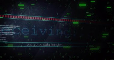 Siber UI, kırmızı işlem çubuğunda şifreli veri transferini gösteren yeşil ikili kod gösteriyor. Teknoloji, siber güvenlik, dijital, arayüzler, fütüristik, veri, şifreleme