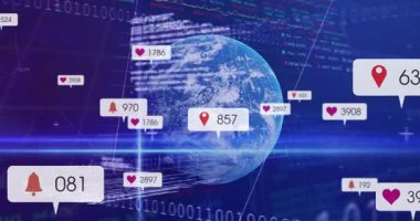 Koyu mavi arayüzde dönen 3 boyutlu Dünya küresi, yüzen yapay zeka çağrılarını ve veri hatlarını gösteriyor. Fütürist, dijital, siber uzay, görselleştirme, teknoloji, analitik, veri