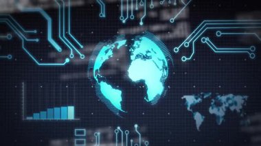 Neon devreler, yükselen bar çizelgesi ve pikselin haritasını gösteren, karanlık ızgara üzerinde yüzen parlak bir cyan küre. Teknoloji, yenilik, veri görselleştirme, sibernetik, fütürist, dijital sanat, analitik