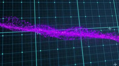 Neon 3 boyutlu ızgara boyunca hareket eden çapraz mor-pembe parçacık şeridi artı işaretleri ve düğümleri gösteriyor. Fütürist, siber, teknoloji, yenilik, dijital, soyut, veri görselleştirme
