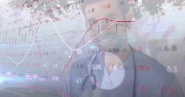 Doktor tıbbi geçmiş üzerinden animasyon hisse senedi çizelgeleri gösteriyor, finans teknolojisi temasını vurguluyor. Sağlık, finans, teknoloji, analiz, ilerleme, yenilik, profesyonel