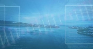 Karla kaplı tepeler ve durgun su düz dizaynlı saydam kod pencereleriyle kaplanıyor. Peyzaj, teknoloji, dijital, arayüz, doğa, dingin, minimalist