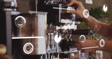 Espresso iskele filtresi, düz tasarımda yüzen analitik çizelgelerle sahnede canlandırılıyor. Barista, kahve, makine, analitik, veri, endüstriyel, modern