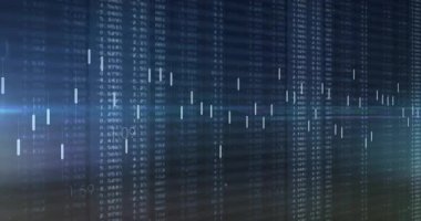 Düz dizayn arayüzündeki sayısal veri sütunları üzerinde dikey şamdan çizelgesi çubukları canlandırılıyor. Finansal analizler, veri görselleştirmesi, iş zekası, piyasa analizi, dijital arayüz, teknolojik yenilik, yatırım araçları