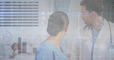 Sağlık hizmetleri hastası koğuşta oturuyor, doktor turta ve bar tabloları arasında danışmanlık yapıyor, dünya haritası. Tıbbi, analitik, teknoloji, veri, hastane, klinik, araştırma