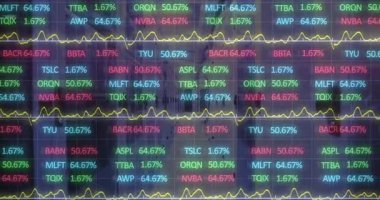 Finansal verilerin gösterimi kalp atışları, yüzdeler, sarı çizgi piyasa değişimleri ile örtüşüyor. Teknoloji, finans, analitik, dijital, yatırım, veri görselleştirme, kurumsal