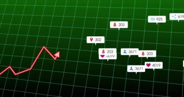 Veri görselleştirmesi yeşil ızgara boyunca ilerleyen neon kırmızı çizgiyi gösteriyor, sosyal medya simgelerini örtüyor. Analizler, teknoloji, fütüristik, ağ, iletişim, dijital arayüz