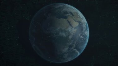 Dünya yörüngeden yaratılarak, Afrika 'nın gün ışığını, Avrupa' nın ve şehrin ışıklarını ağ düğümleriyle gösteriyor. Küre, teknoloji, yenilik, bağlantı, dijital, görselleştirme, bilim kurgu