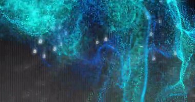 3D turkuaz parçacık bulutu üzerinde parlayan ikili basamaklar dijital ağ hareketini gösteriyor. Siber, geleceksel, teknoloji, veri, ağ, dijital, soyutlama