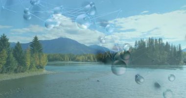 Dağ nehri boyunca akan şeffaf kürelerin dijital ağı, parıldayan çizgileriyle, 3D render. Soyut, yenilik, bağlantı, teknoloji, doğa, fütüristik, görselleştirme