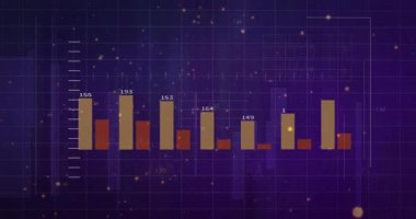 Dijital gösterge paneli mor renkte, sarı kırmızı çizelgeleri, çizgi grafiklerini, sayısal etiketleri gösteriyor. Teknoloji, veri, analitik, görselleştirme, arayüz, gelecekçilik, dijital