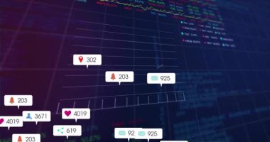 Sayısal gösterge paneli açılı paneller, yüzen sosyal bağlılık simgeleriyle çizelgeler. Fütürist, veri görselleştirme, arayüz, analitik, teknoloji, iş dünyası, etkileşimli