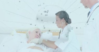 Kadın hemşire, hastane yatağında steteskop takıyor. Ağ örtüşmesi gösteriyor. Tıbbi, sağlık, teşhis, profesyonellik, klinik, hasta bakımı, teşhis