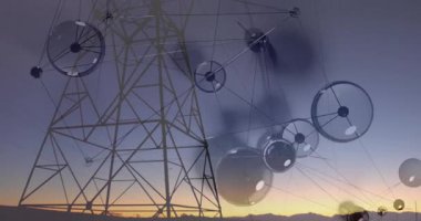 Şeffaf cam küreler süzülüyor ve kablo kafes yapısıyla 3 boyutlu olarak bağlanıyor. Fütürist, soyut, teknoloji, dijital, ağ, yenilik, modern