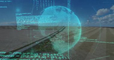 Göl kenarındaki yolda 3 boyutlu olarak ilerleyen fütüristik holografik küre kodu. Teknoloji, yenilik, dijital, manzara, doğa, teknoloji, fütüristik