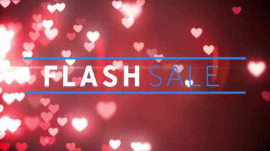 Ortalanmış FLASH satışı metni yüzen kalp bokeh ışıkları ile mavi çizgiler tarafından çerçevelenmiştir. Romantik, enerjik, soyut, promosyonal, şenlikli, enerjik, dijital sanat
