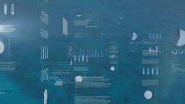 Turkuaz okyanus arkaplanının üzerinde şeffaf veri grafikleri gösteriliyor, animasyon düz tasarımı gösteriliyor. Analizler, teknoloji, yenilik, bilgi, dijital, görselleştirme, gelecekçilik