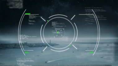 Yüksek teknoloji HUD, kıyı şeridinde sergileniyor. Kod parçacıkları, köprü ve hareket halindeki gemileri gösteriyor. Futuristik, dijital, ağ, kentsel, navigasyon, arayüz, teknolojik