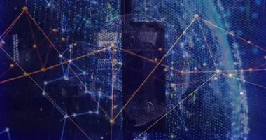 Karanlık sunucu rafında ilerleyen fütüristik veri ağı, altıgen ağ küresi ve parlayan düğümler içeriyor. Teknoloji, bağlantı, dijital, siber, yenilik, sunucu, ağ