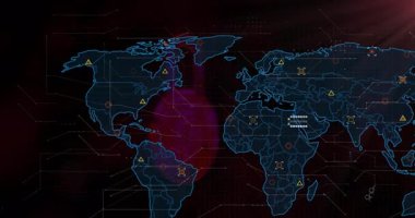 Dünya haritası, parlayan veri simgeleri ve bağlantı çizgileri ile karanlık ızgarada görselleştiriliyor. Futuristik, dijital, ağ, analitik, teknoloji, veri, arayüz