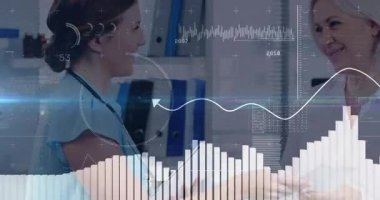 Tıbbi klinikte steteskopla hasta muayene eden kadın doktor, çizelgeler, dünya haritası. Sağlık, dijital tanı, modern tıp, hasta bakımı, tıbbi teknoloji, veri görselleştirme, klinik çevre