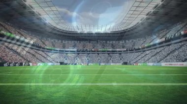 Erkek rugby oyuncusu topu tutarken rakibi stadyum sahasında hareketleniyor ve animasyon verileri üst üste geliyor. Sporcular, yarışma, adrenalin, spor, aksiyon, açık hava, girişim