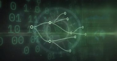 Merkezi parlayan ağ, dairesel düğümler ve ikili kodlarla yeşil zemin üzerinde canlandırılıyor. Gelecek, teknoloji, bağlantı, siber, yenilik, dijital, görselleştirme