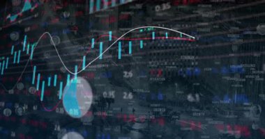 Mavi şamdanlar ve çubuk grafiklerinin yer aldığı veriler şehir caddesinde üst üste konuyor. Analizler, kentsel, teknoloji, yenilik, bağlantı, finans, veri