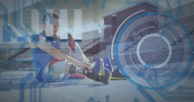 Engelli beyaz sporcunun veri işleme görüntüsü. küresel spor ve dijital arayüz kavramı dijital olarak oluşturulmuş görüntü.