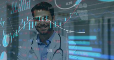 Kafkasyalı mutlu erkek doktor yerine finansal verilerin görüntüsü. sağlık, tıp mesleği, finans ve ekonomi kavramı dijital olarak üretilen imaj.