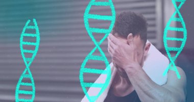DNA görüntüsü, mutlu beyaz adamın su içmesi ve spor salonunda dinlenmesi. spor, aktif yaşam tarzı, rekabet ve bilim konsepti dijital olarak oluşturulmuş görüntü.