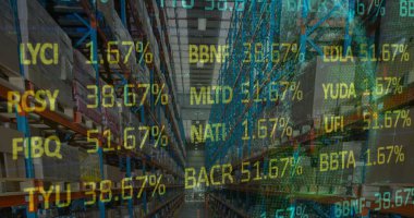 Borsa görüntüsü ve boş depo üzerinden finansal veri işleme. küresel sevkiyat, dağıtım ve bağlantılar konsepti dijital olarak oluşturuldu.