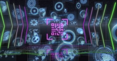 Kapsam taraması ve veri işleme üzerinden qr kodunun resmi. küresel teknoloji, bilgisayar ve dijital arayüz kavramı dijital olarak oluşturulmuş görüntü.