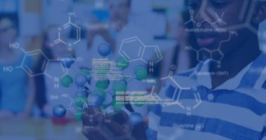 Laboratuvardaki Afrikalı Amerikalı erkek öğrencinin veri işleme görüntüsü. küresel bilim ve dijital arayüz kavramı dijital olarak oluşturulmuş görüntü.