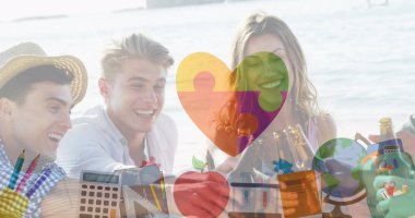 Renkli yapboz parçaları ve okul ikonlarının plaj partisinde bira içen arkadaşlar üzerindeki görüntüsü. otizm, öğrenme güçlüğü, destek ve farkındalık kavramı dijital olarak oluşturulmuş görüntü.