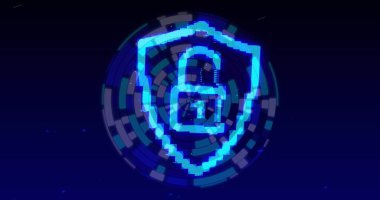 Security padlock and shield icon over blue abstract circular shape spinning against blue background. cyber security technology concept